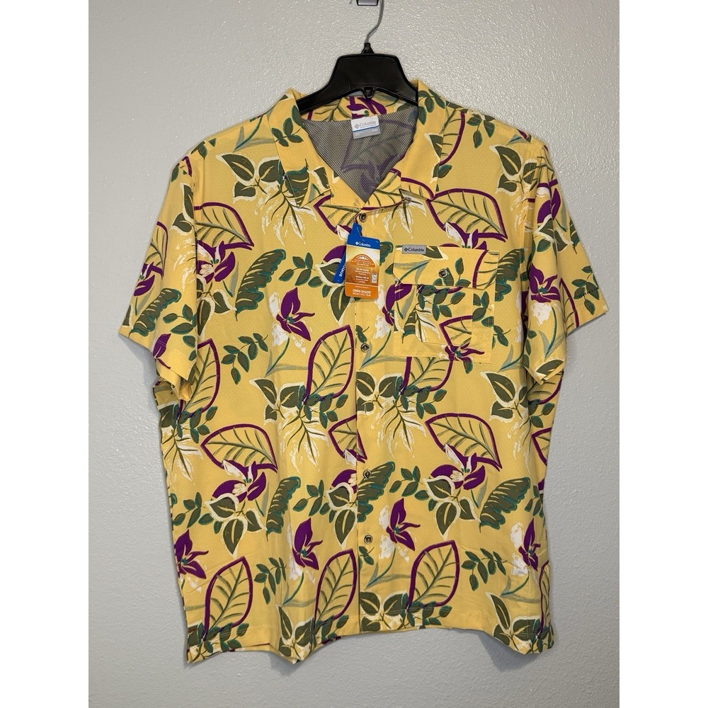 Columbia PFG Omni Shade Shirt Mens 2XL XXL‎ Yellow Floral Short Sleeve Hawaiian